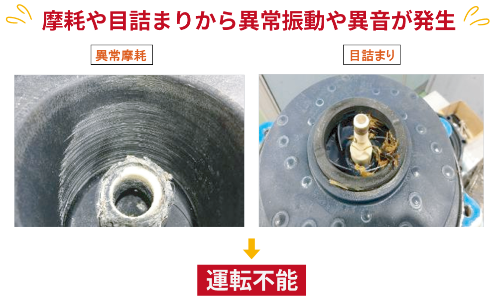 異物の噛み込みや詰まりによってポンプ内部が損傷した状態